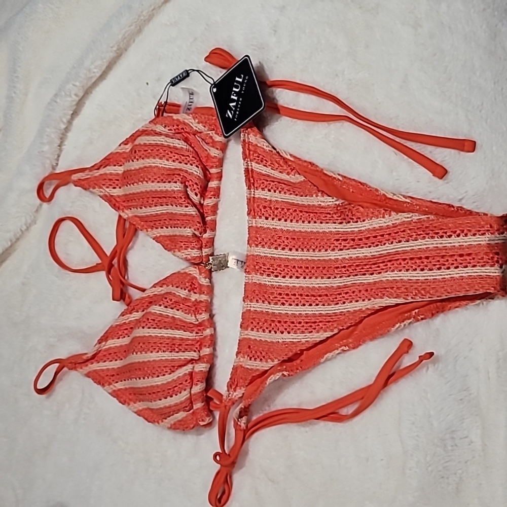 Zaful Coral and Cream Striped Bikini
